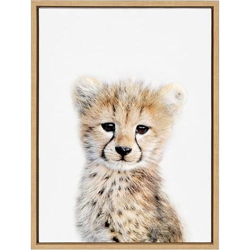 Kate and Laurel Sylvie Baby Cheetah Animal Print Portrait Framed Canvas Wall Art by Amy Peterson, 18x24 Natural