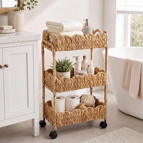 3 Tier Scalloped Storage Cart with Wheels Water Hyacinth Rolling Cart Hand Woven Mobile Organizer Basket for Nursery Craft Bedroom Living Room Kitchen