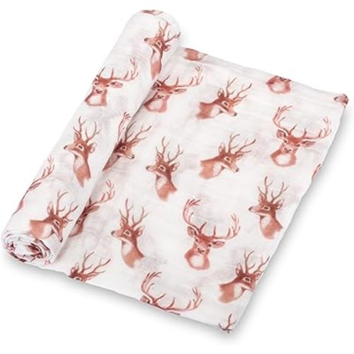 LollyBanks Muslin Swaddle Blanket, 100% Cotton Cozy Baby Blankets for Boys and Girls, Soft and Breathable 47 x 47 Inches Newborn Receiving Blanket, Baby Registry Must Haves (Deer Head Print)