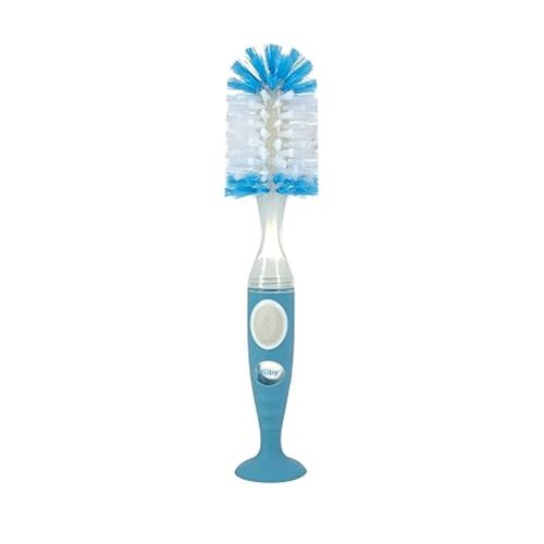 Nuby Easy Clean Dispensing Soft and Durable Bristle Bottle Brush with Textured Handles and Suction Base, 2 in 1 System, Blue