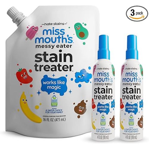 Miss Mouth’s Messy Eater Stain Treater Refill Ready Kit - 2 Pack Stain Remover Spray and 16oz Refill Pouch - Newborn & Baby Essentials - Food, Grease, Coffee Off Laundry, Underwear, Fabric