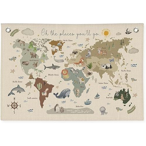 Wheatwin World Map Banner for Kids, World Maps for Wall, World Map Cute Animal Tapestry Wall Hanging Banner Flag Decor for Kids Room Classroom Nursery Homeschool 20x30 (Updated)