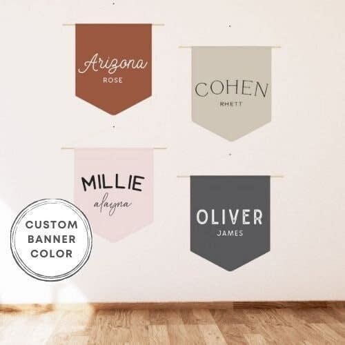 Custom Name Banner, Baby Nursery Pennant, Personalized Middle Name Wall Banner, Baby Room Decor, Neutral Kids Room, Muted Customized Flag