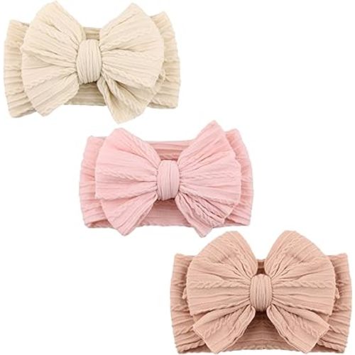 DRESHOW BQUBO Handmade Baby Headbands Soft & Stretchy Hair Bands with Bows Nylon Bows Hairbands for Girls Newborn Infant Toddlers Hair Accessories 3 pack