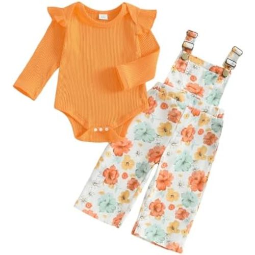 Newborn Baby Girl Fall Outfits Ribbed Long Sleeve Rompers Suspender Overalls Pants Sets Infant 2Pcs Clothes