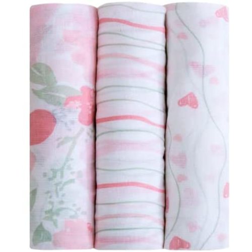 Little Grape Land, Pack of 3 Muslin Swaddle Blankets for Girls Soft Swaddle Wrap Breathable Baby Receiving Blankets for Newborn, 47x47 inches (Crystal Rose)