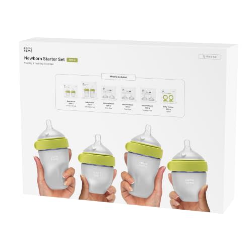Comotomo Newborn Starter Set - 12 Piece Baby Bottle Gift Set, Green | Baby Registry Essentials - 5 oz & 8 oz Silicone Bottles, Slow to Variable Flow Anti-Colic Nipples & Soothing Teethers