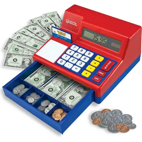Learning Resources Pretend & Play Calculator Cash Register Toy - Gift for Kids, Toddler Toys, Play Money & Credit Card, Shopping Store Playset, Educational Preschool Activities