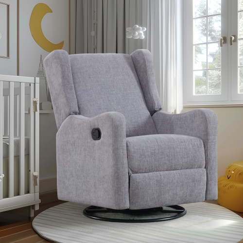 Dinosisco Swivel Glider Overstuffed Reclining Chair for Baby Nursery, Wingback Upholstered Rocker, Gray Chenille Fabric