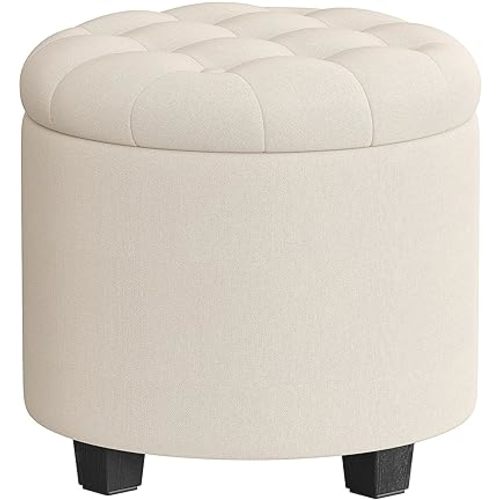 SONGMICS Round Ottoman, Ottoman with Storage, 17.7 x 17.7 x 17.5 Inches, Foot Rest with Legs, Linen-Look Fabric, Load up to 330 lb, for Living Room, Bedroom, Light Beige ULOM011W01