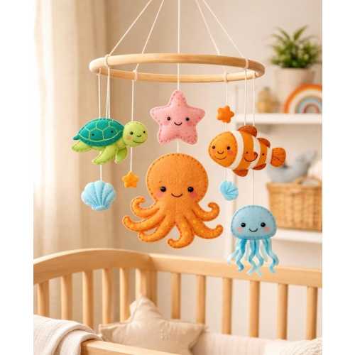 Handmade Cheerful Sea Animals Themed Baby Mobile: Felt Nursery Decor Octopus