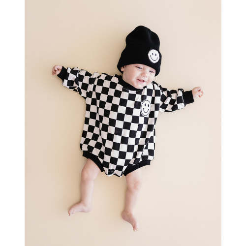 Bubble Romper | Checkered Smiley Black