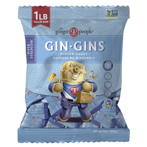 GIN GINS Super Strength – Natural Ginger Candy by The Ginger People – Individually Wrapped Healthy Candy – Super Strength Flavor – Large 1 lb Bag (16oz) – Pack of 1