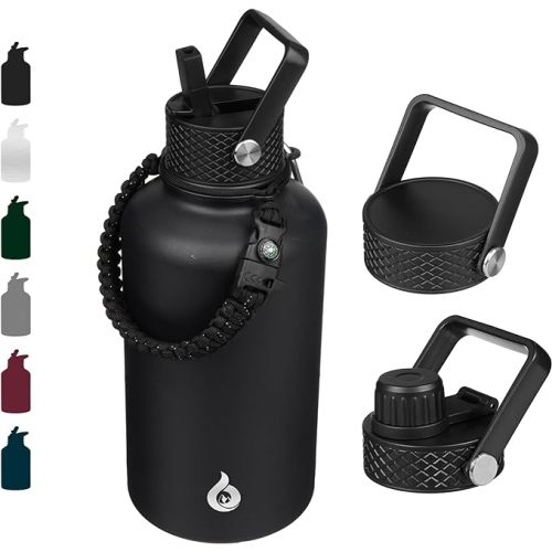 BJPKPK Half Gallon Insulated Water Bottles with Straw Lid, 64oz Large Water Jug, Stainless Steel Bottles with 3 Lids and Paracord Handle, Thermo for Hot & Cold Liquid, Black