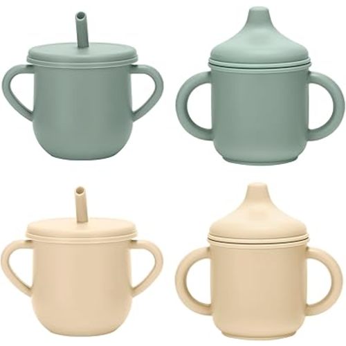 Silicone Toddler Cups Set, 2 Straw Cups and 2 Sippy Cups for 6+ Months Baby, Leakproof Spillproof Training Cups with Handles, Easy Clean (Green+Beige)