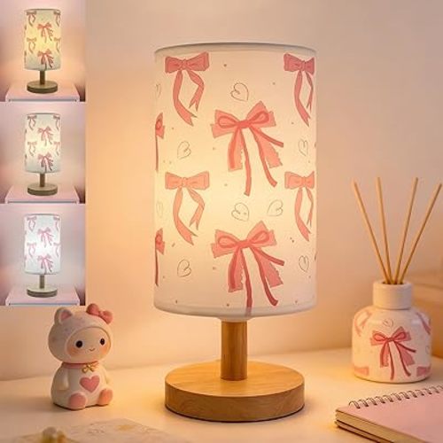 Pink Bow Table Lamp 3 Colors Mode Desk Lamps for Kids Bedroom Bedsdie Lamp