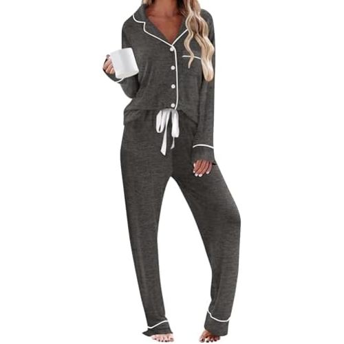 Pajamas for Women Set 2 Piece Pj Set Long Sleeve Button Up Lounge Sets Sleepwear with Pockets XS-XXL