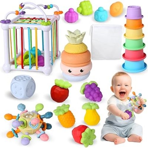 6-in-1 Montessori Baby Toys for 6-12-18 Months, Fun Bath Toys with Shape Sorter Sensory Bin, Stacking Rings, Soft Fruit, Learning Developmental Toys Gifts for 1 2 3 Year Old Boys Girls