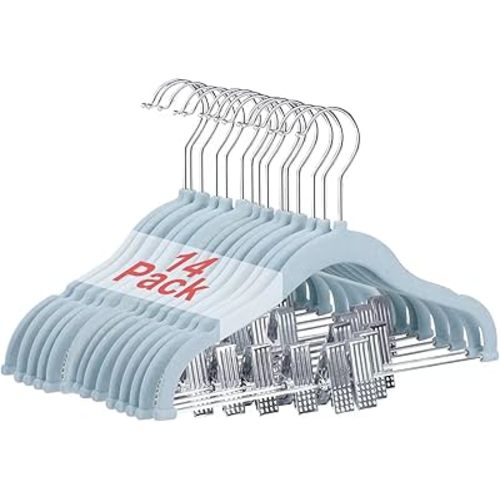Baby Clothes Hangers with Clips, 14 Packs Kids Velvet Clothes Hangers, Heavy-Duty Childrens Hangers, Storage Organizer Clothing Hangers for Shirts, Pants, Skirts, Dresses, Jackets, Coat Blue