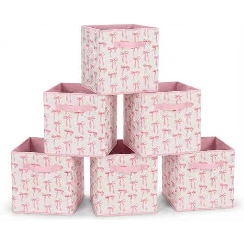 6 Pcs Pink Bow Cube Storage Bins 12.5 Inch Pink Storage Basket with Handle, Preppy Girls Organizer Basket, Collapsible Fabric Box for Classroom Bedrooms Office Home Decoration (Bow)