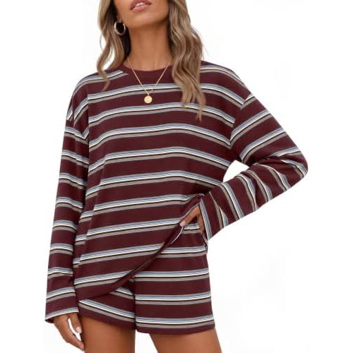 ZESICA Womens 2 Piece Striped Short Sets Fall Lounge Outfit