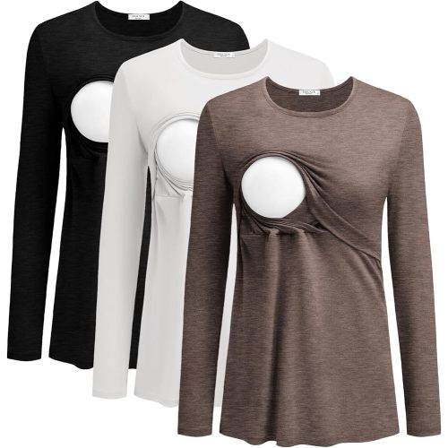 Ekouaer Women Long Sleeve Nursing Shirts 3 Pack Breastfeeding Round Neck Top Double Layer Maternity Tshirt Pregnancy Clothes