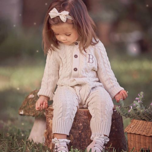 Wheat Horseshoe Cable Knit Baby Jumpsuit – Elegant Baby