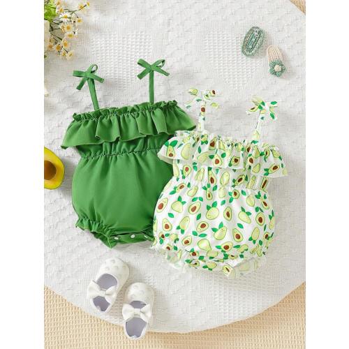 2pcs/Set Baby Girls' Fashion Sleeveless Solid & Fruit Pattern Romper, Summer | SHEIN USA