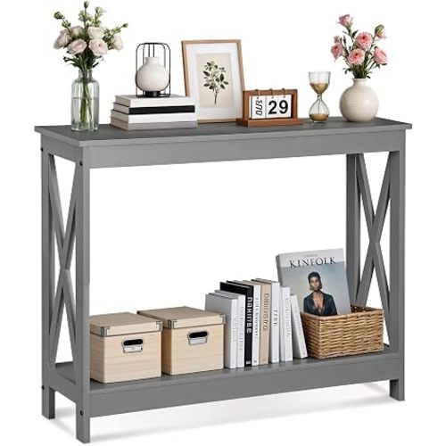 SUPER DEAL Console Table 39.5”, 2-Tier Narrow Sofa Side Table with Storage Shelf, Entrance Table for Hallway/Foyer/Living Room/Corridor/Office, Grey