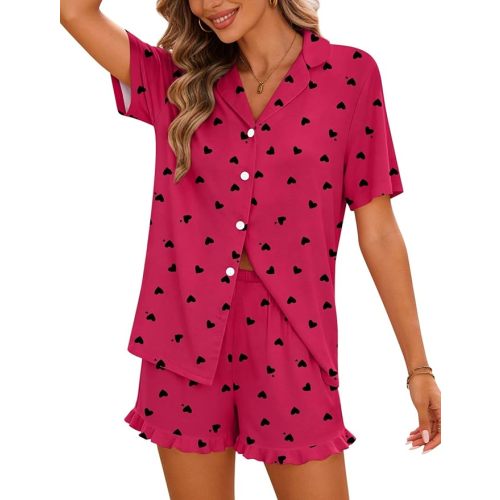 SWOMOG Woman Pajama Set Short Sleeve Pjs Set 2Pcs Short Pajamas Button Down Ruffle Hem Sleepwear Soft Modal Loungewear