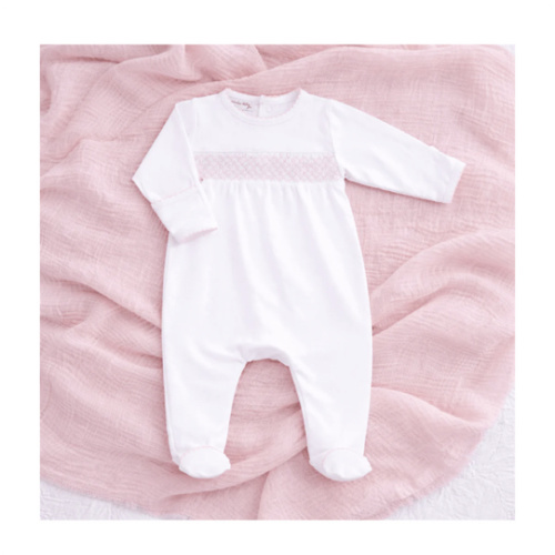 Baby Girl White Smocked Footie with Pink Trim - Magnolia Baby Pima Cotton
