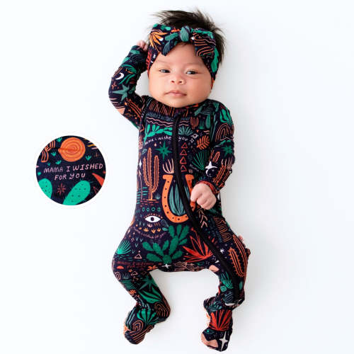 Bamboo Footie Zipper Baby Pajama - Desert Cactus Midnight Bamboo Onesie Sleeper - Mama I Wished for You Affirmation – Raising Mama