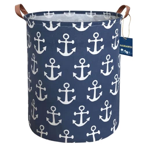 Kids Hamper,Collapsible Laundry Baskets,Waterproof Storage Baskets with Leather Handle,Nautical Decor,Toy Organizer (Navy Blue Anchor)