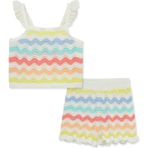 Wavy Stripe Pointelle Cotton Sweater Tank & Shorts Set, 18M