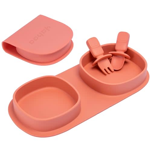 yahaa Toddler Plates Travel Essential on the go,Baby Plates with Forks and Spoons Self Feeding 6 months,Foldable,Silicone,BPA Free,Watermelon