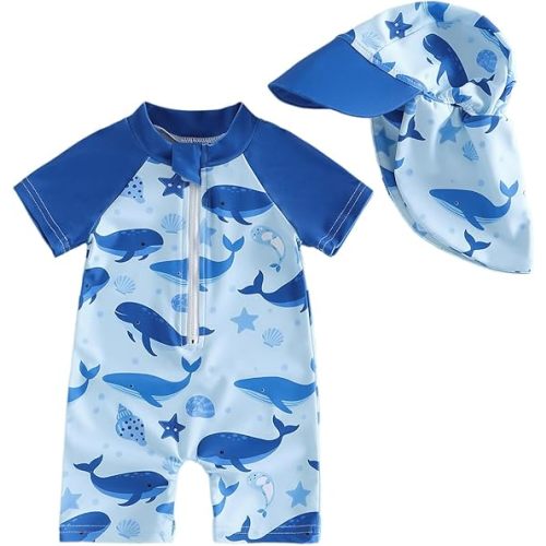 Toddler Baby Boy Rash Guard Swimsuit Long Sleeve Zipper One Piece Bathing Suit with Hat Infant Beach Swimwear