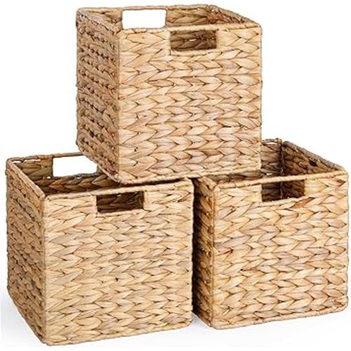 10.5x10.5 Water Hyacinth Storage Baskets, Collapsible Square Wicker Baskets Cube Storage Bins for IKEA Kallax, Set of 3