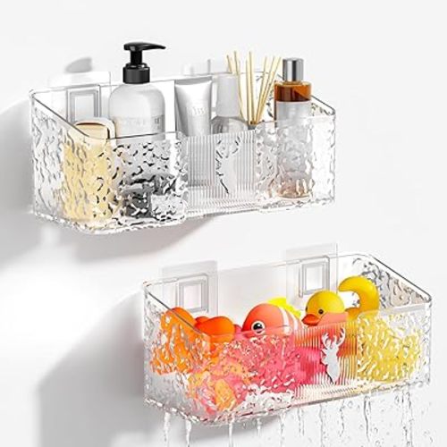 Bath Toy Storage Organizer 2 PCS,Large Capacity Clear Bath Toy Holder with Drain Holes, Quick-Dry Adhesive Shower Caddy for Baby Bath Toys Easy to Install & Clean,Multi-Use for Bathroom, Bedroom