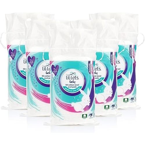 Lil-Lets Premium Baby Cotton Oval Pads, x 250 (5 Packs of 50), Certified Organic, Lint-Free, 100% Pure Cotton Wool, Soft and Absorbent, Gentle on Skin, Dermatologically Tested