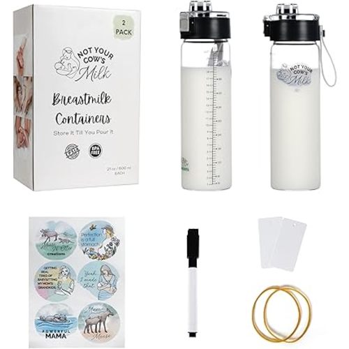Moose N' Otter Creations Glass Breast Milk Storage Pitcher with Pop-Top Bottles for Fridge, 21 Oz, 2 Pack, Reusable Expiration Tags, Marker and Stickers - Not Your Cow's Milk