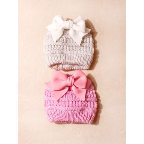 2pcs Baby Beanie Hats With Bow, Stretchy Knit, Suitable As Gifts | SHEIN USA