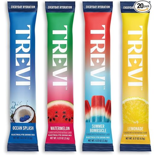 TREVI™ Everyday Sugar Free Electrolytes - Essential Drink Mix Hydration Powder Packets - 20 Count - Poolside Variety Pack - Watermelon, Summer Bombsicle, Ocean Splash, Lemonade