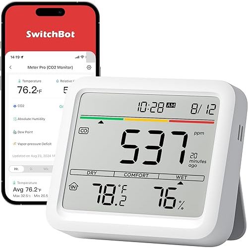 SwitchBot CO2 Detector, Air Quality Monitor Indoor, CO2 Monitor for CO2/TEMP/Humidity, Portable Carbon Dioxide Detector for Home/Car/Office/Greenhouse