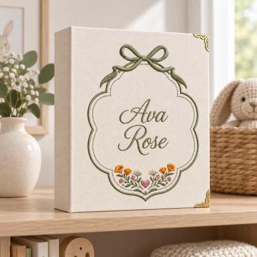 Custom Name Floral Embroidered Baby Photo Album, Elegant Botanical Memory Book, Personalized Baby Shower Gift