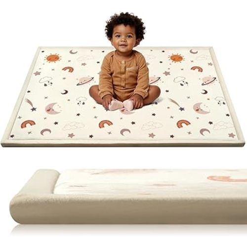 STARUIA Baby Play Mat for Floor, 1.1" Thick Memory Foam Tummy Time Mats, Soft Flannel Nursery Rug, Non Slip Crawling Mat for Toddlers, Kids, Playpen, Tatami Style for Living Room(59" X 79", Sky)
