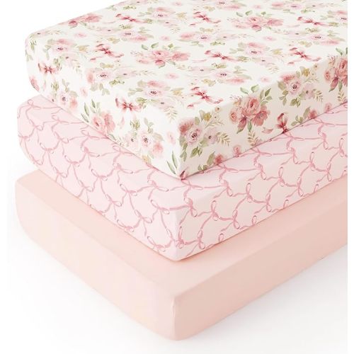 PHF 3 Pack Soft Floral & Bow Crib Sheets Fitted, Comfy Breathable Baby Sheets for Boys Girls, 28x52 Inches Fits Standard Crib and Toddler Mattresses, Floral & Bow