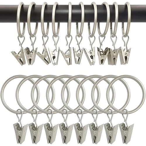 100 Pack Matte Silver Curtain Rings with Clips, Curtain Hooks Hangers Clip Rings for Hanging Drapes Bows Hat, Drapery Rings 1.26 in I D, Fits up to 1 in Diameter Curtain Rod.