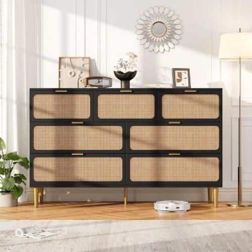 Rattan 7 Drawer Dressers for Bedroom, Tall Dresser with Deep Drawers, Large Chest of Drawers for Closet with Wide Top, Long Wooden Dresser