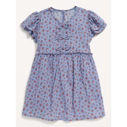 Printed Short-Sleeve Ruffled Bow Dress for Toddler Girls