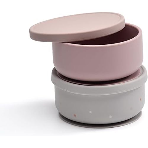 2-Pack Baby Bowls with Suction - Silicone Bowl with Lid, Non-Slip Suction Bowls for Baby, Feeding Bowl for Baby Led Weaning - Dishwasher Safe, Toddler Bowls for High Chair & Travel (Pink+Grey)